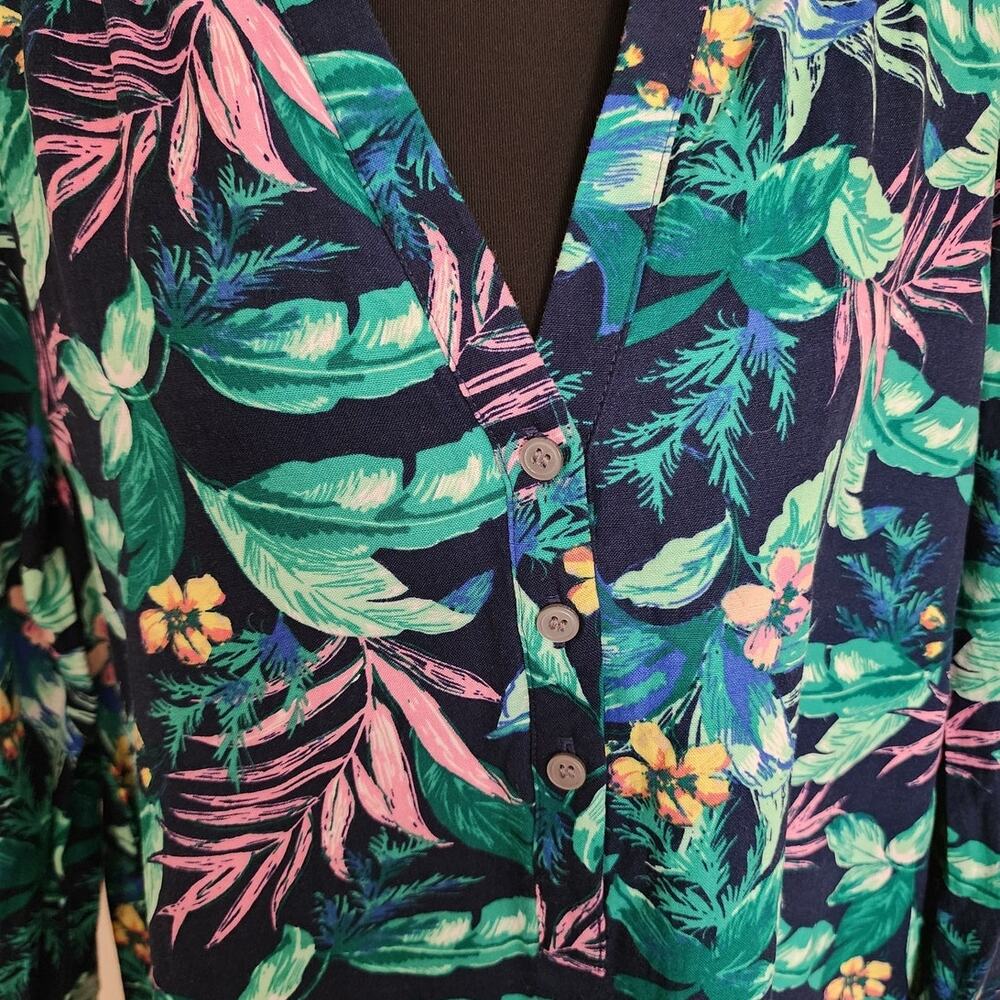 LOFT Women's Large Blue Floral Leaf Print V-Neck Dress Tropical Hawaiian - Picture 3 of 8